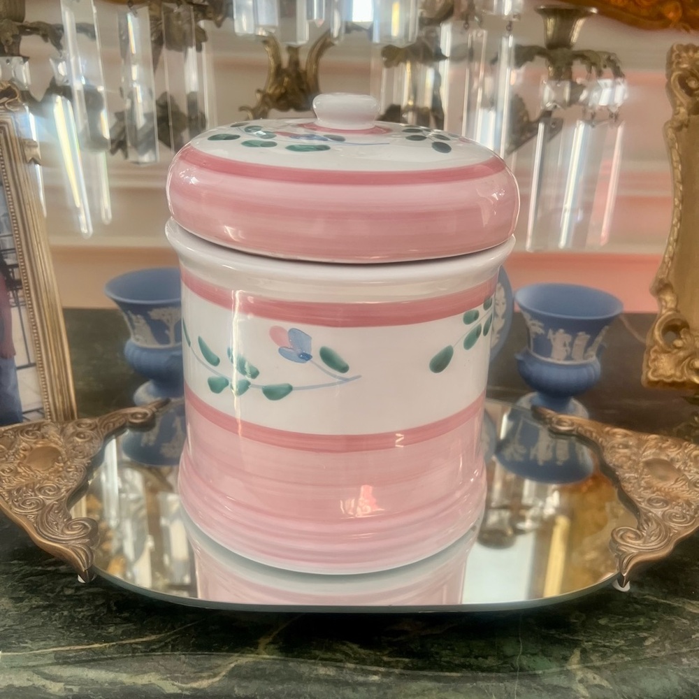 VTG Caleca Pink Garland Hand Painted Made in Italy Canister